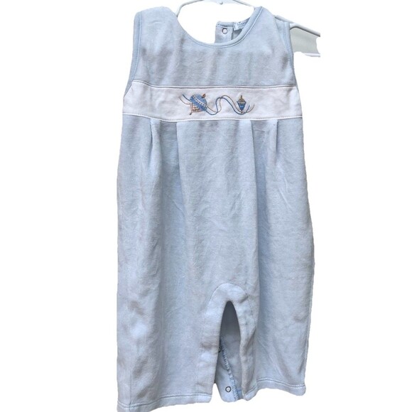 Kissy Kissy Blue/White Embroidered Sleeveless Blue Romper Baby Sz 9/12 Hanukkah - Picture 1 of 6